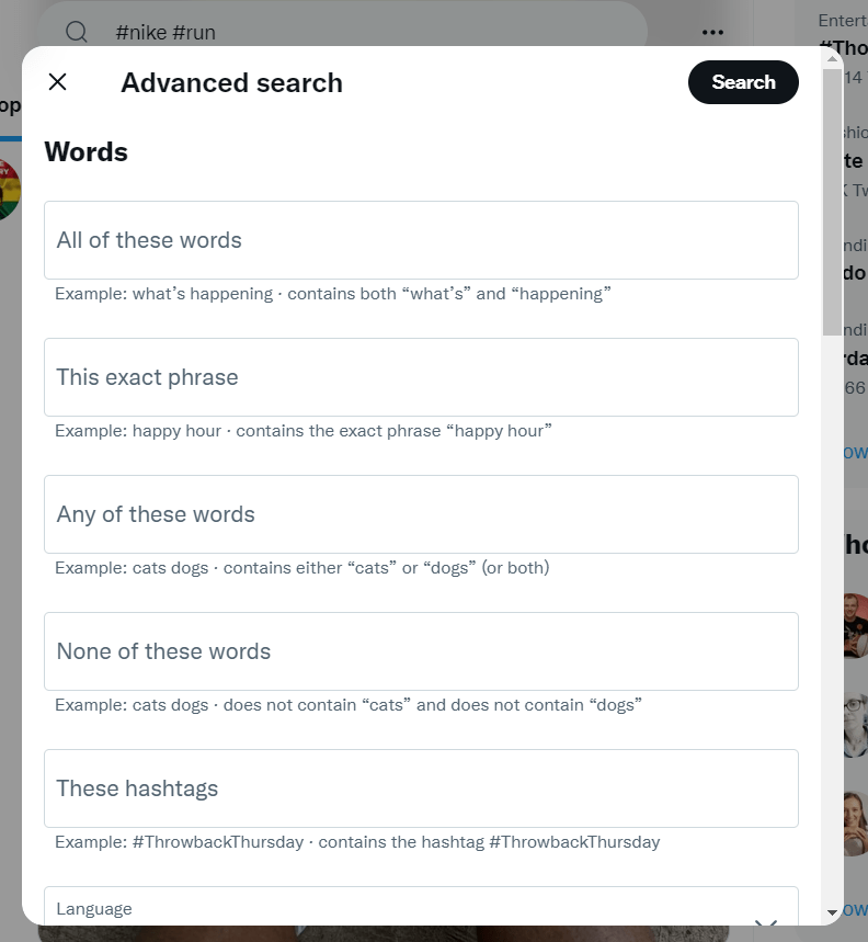 X.com search by words