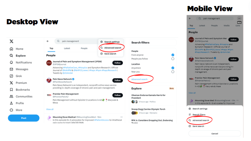 x advanced search desktop and mobile view